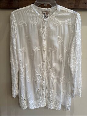 Johnny Was White Embroidered Button-Down Blouse